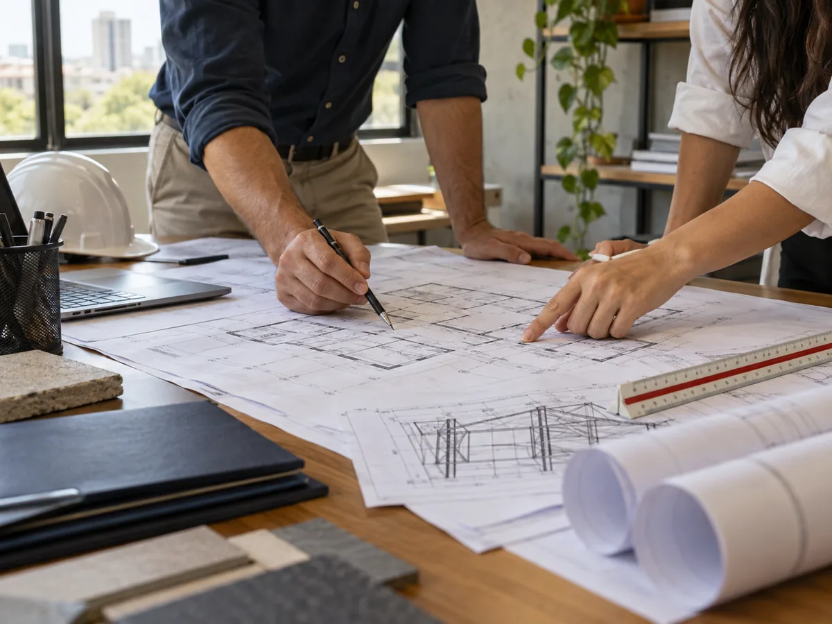 Imagem ilustrativa: profissionais analisando plantas de edificação em mesa de trabalho