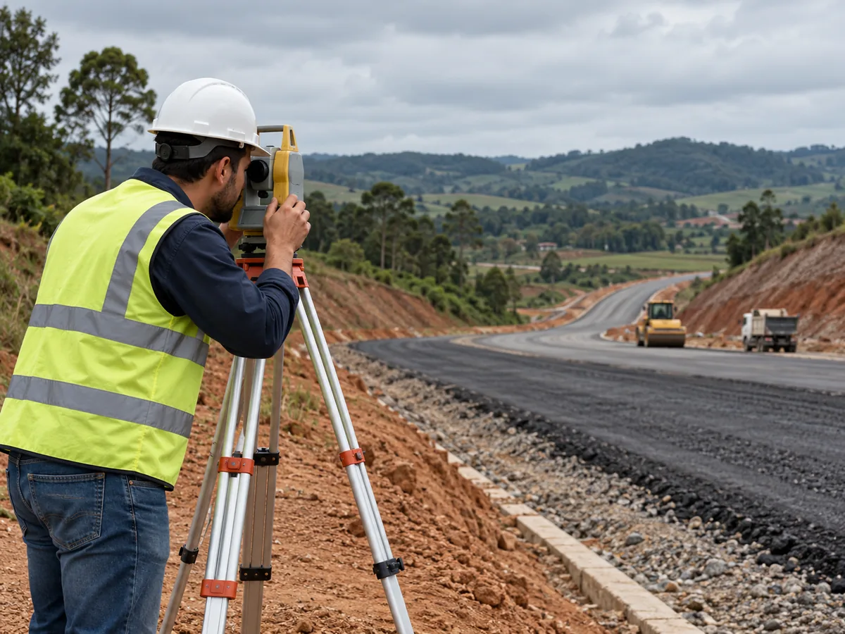 Imagem ilustrativa: profissional realizando levantamento técnico em via em construção