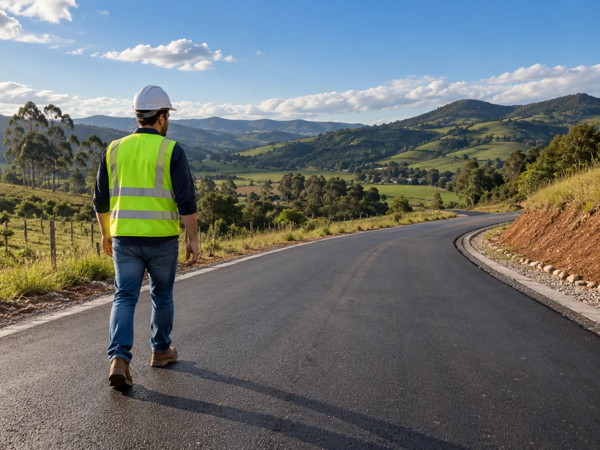 Imagem ilustrativa: profissional realizando levantamento técnico em via em construção