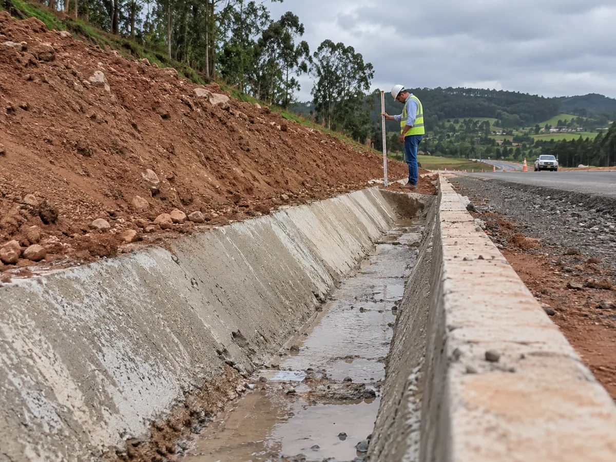 Imagem ilustrativa: Canal de drenagem ao lado de acesso rodoviário em implantação